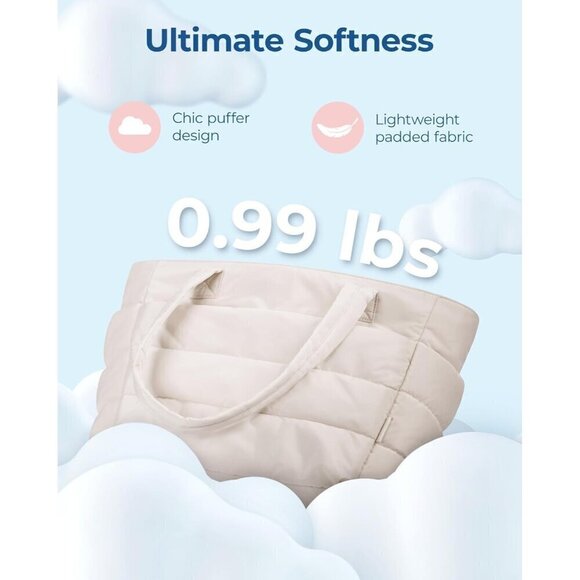 Women White Lightweight Puffy Tote Bag with Compartments, Quilted Shoulder Bag - Picture 2 of 7